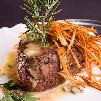 Tenderloin Steaks with Blue Cheese Sauce and Rosemary Potato Sticks recipe