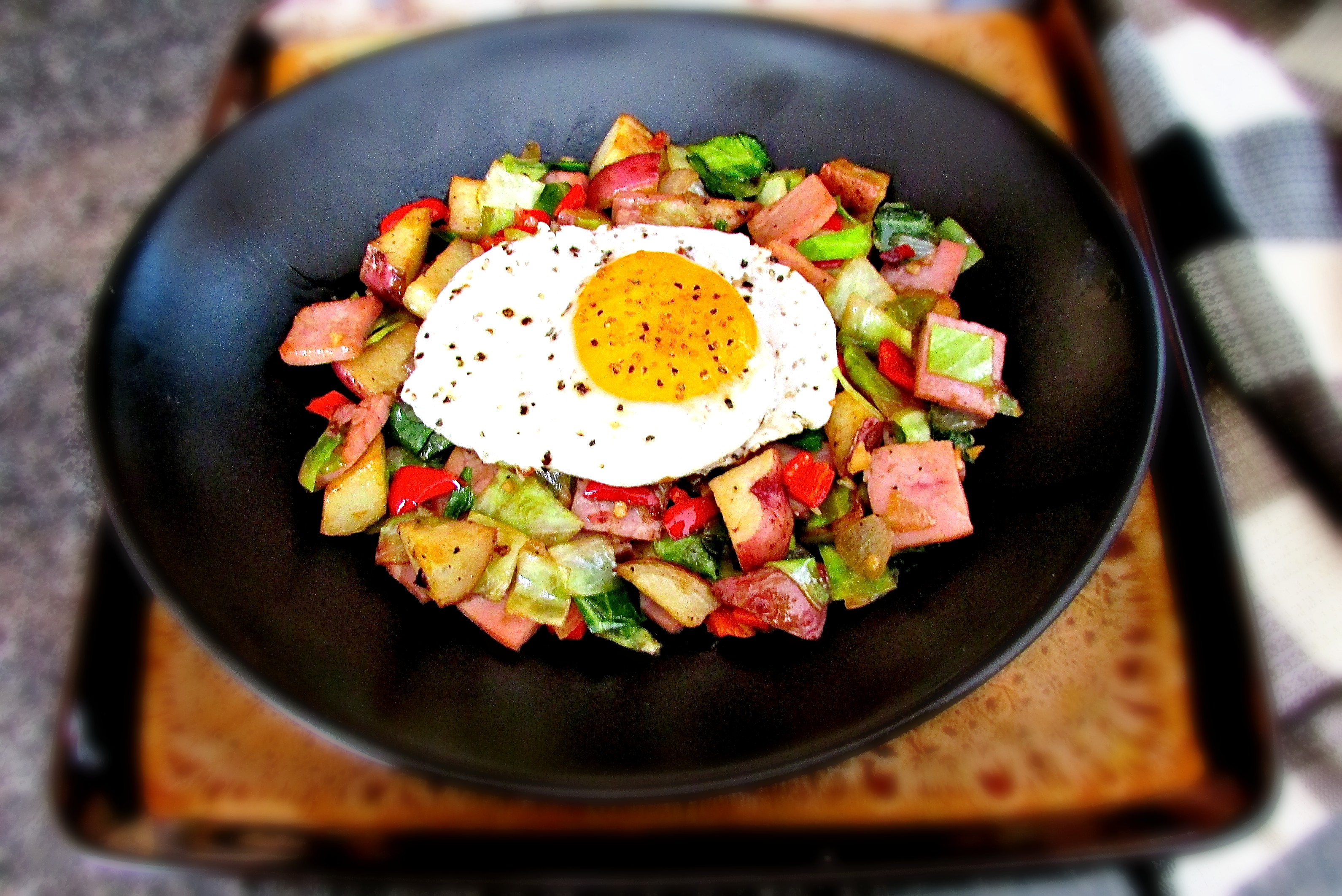 Spiral Ham and Cabbage Hash with Sunshine Egg Recipe